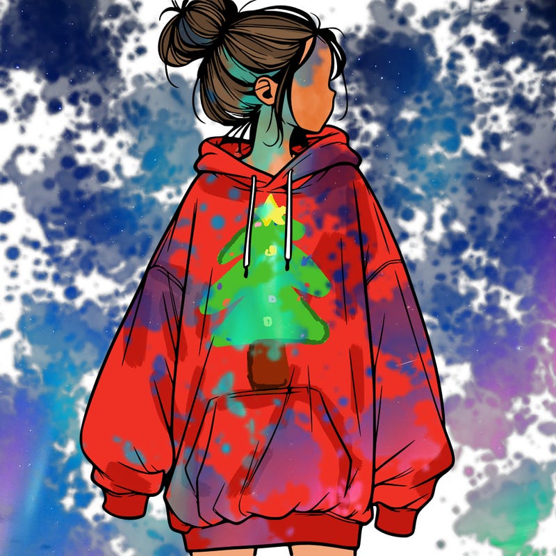 realistic girl with a oversized sweatshirt on and a bun