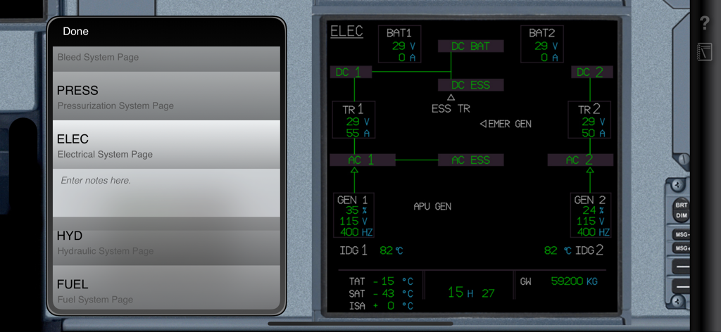 Acron A320 Cockpit Fam. - Interface de l'application Acron A320 Cockpit Fam montrant le schéma du système électrique et le menu de navigation