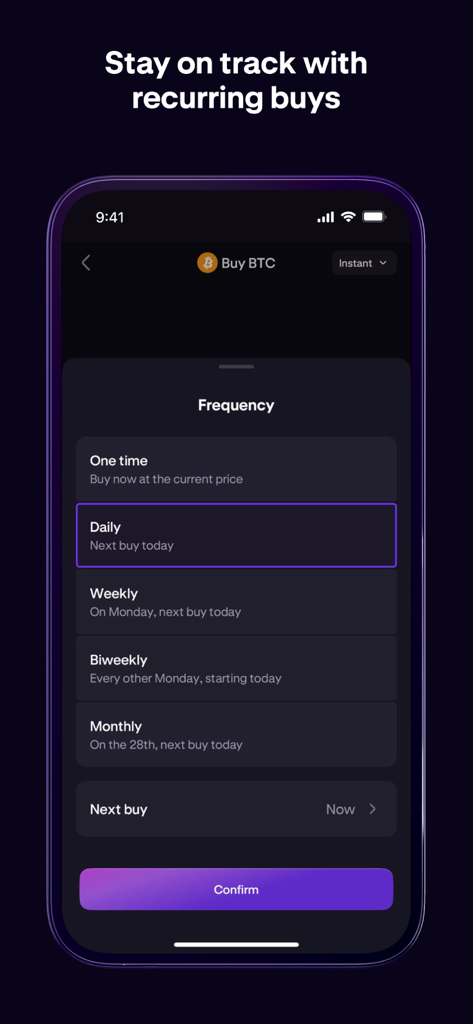 Kraken: Buy Crypto & Stocks - Interfaccia dell'app Kraken che mostra le opzioni per pianificare acquisti ricorrenti di Bitcoin