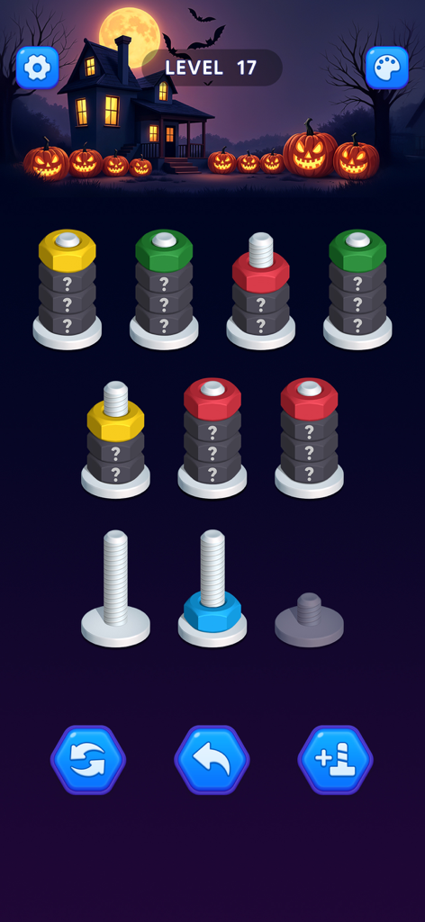 Nut Sort puzzle game Level 17 with a Halloween themed background and colored nuts on bolts