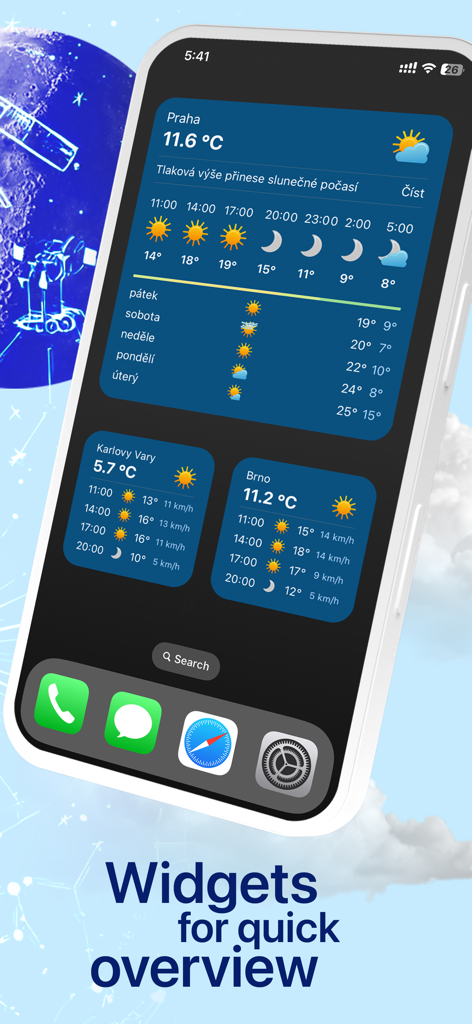 In-počasí - In-pocasi Wetter-Widgets auf dem iPhone-Startbildschirm mit Temperatur und Vorhersagen für tschechische Städte