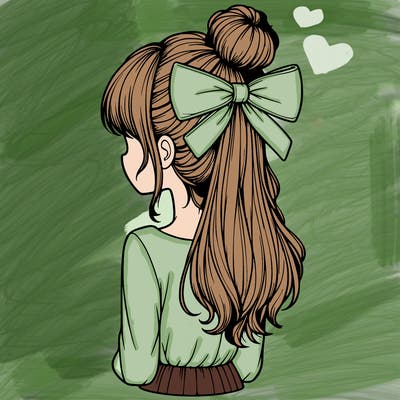 realistic girl  with hip length hair a bun and a big bow on the back of head