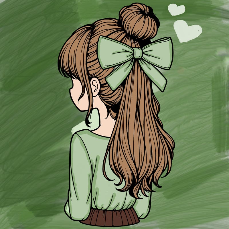 realistic girl  with hip length hair a bun and a big bow on the back of head