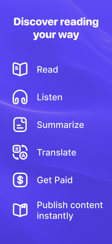 Soundbook Audio: Books & Music - Mobile screen showing Soundbook features including read listen summarize translate get paid and instant publishing