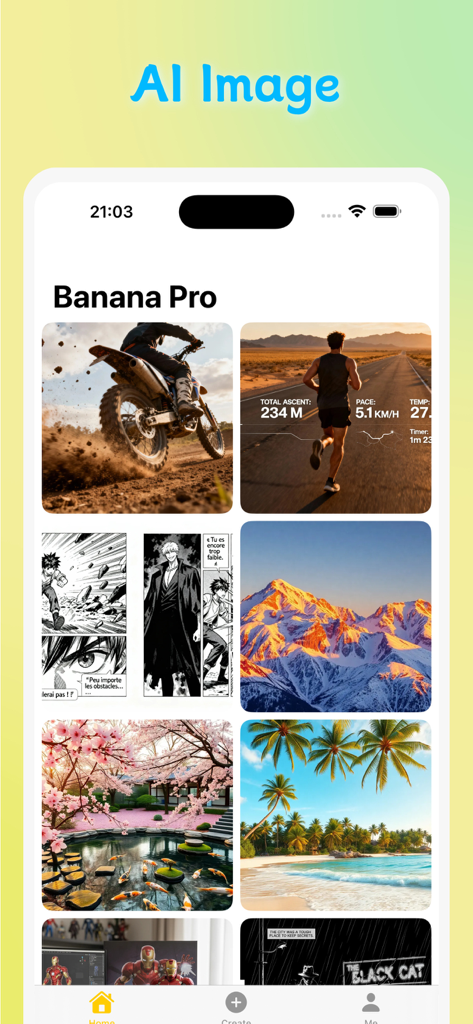 Z-Image - AI Image Editor - Screenshot of the Z-Image app gallery displaying a variety of AI-generated images including landscapes, sports, and manga styles.