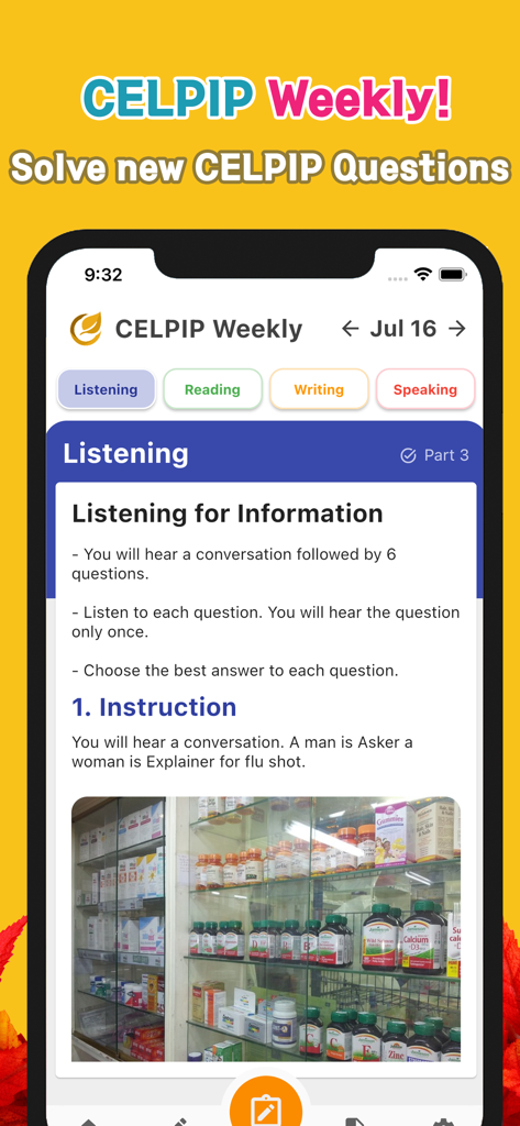 CELPIP-TIP 앱 스크린샷, 캐나다 영어 능력 시험 지침이 포함된 주간 듣기 연습 문제 표시