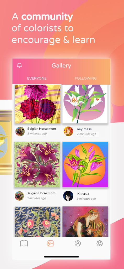 Screenshot of the Color Matters app showing a gallery of shared artworks from the coloring community