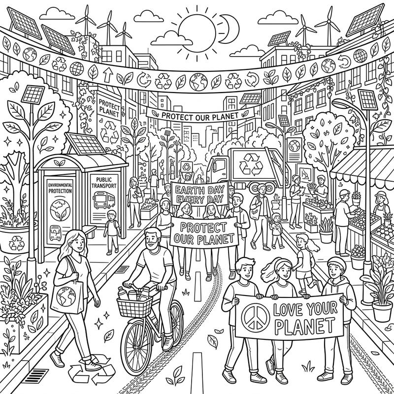 Immerse yourself in a dynamic urban landscape celebrating Earth Day, packed with environmentally conscious details to color. This intricate street scene features activists, green initiatives, and community spirit, perfect for a meaningful coloring session.