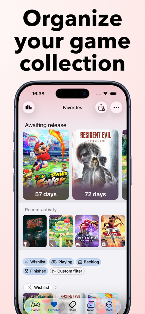 SwitchBuddy: Switch App - Interface of the SwitchBuddy app showing game release countdowns and collection categories like wishlist, playing, and backlog.
