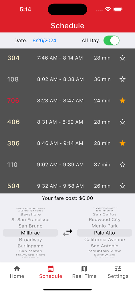 Caltrain Commuter - Caltrain Commuter app schedule showing train times and fare between Millbrae and Palo Alto.