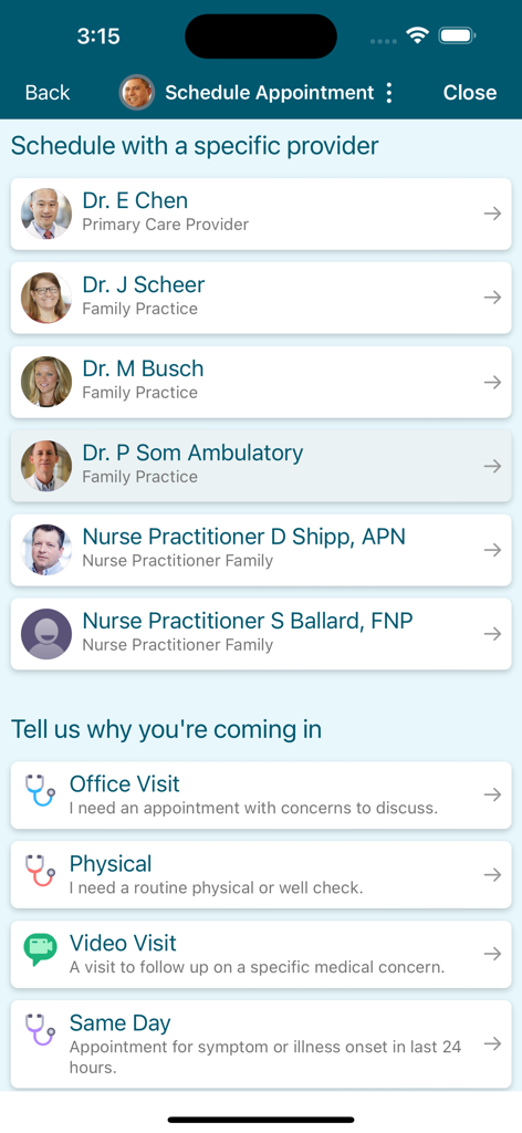 Interface of the MyMercy app showing a list of doctors and healthcare providers available for scheduling appointments along with visit types like physical or video visit.