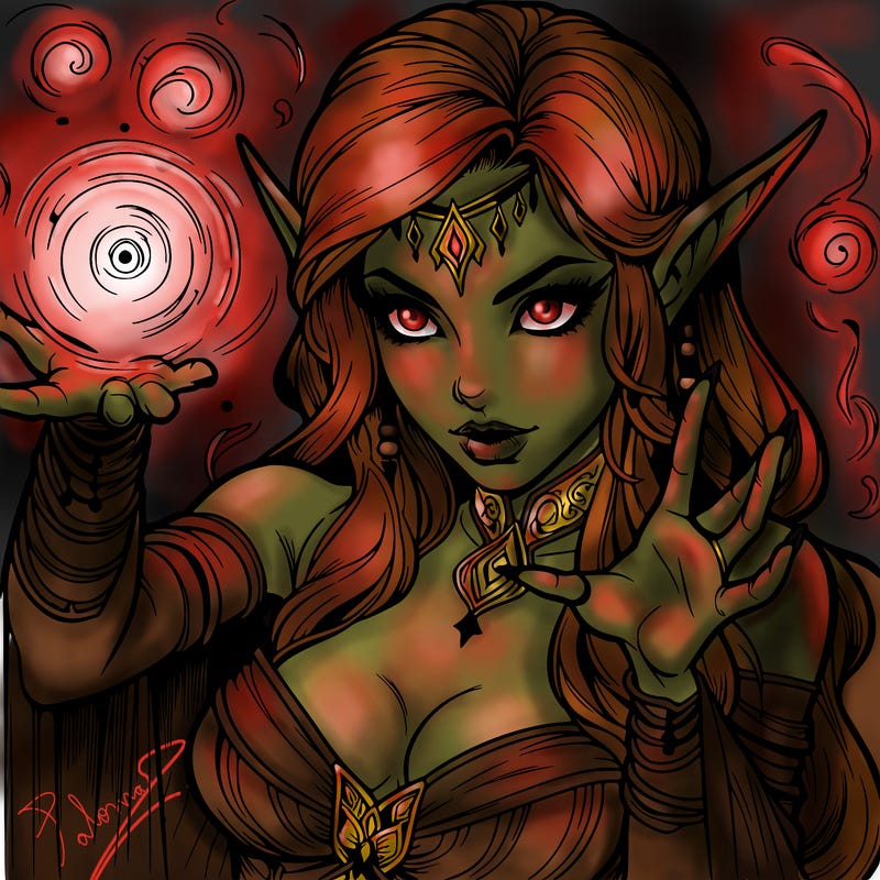 realistic scary beautiful elf sorceress casting spell