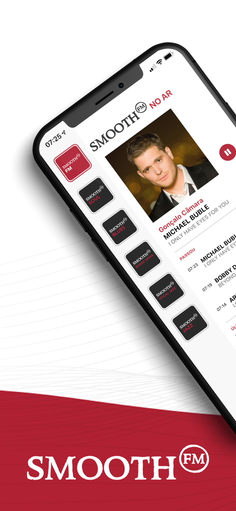Smooth FM mobile app interface showing Michael Buble playing and themed radio categories like Soul and Jazz