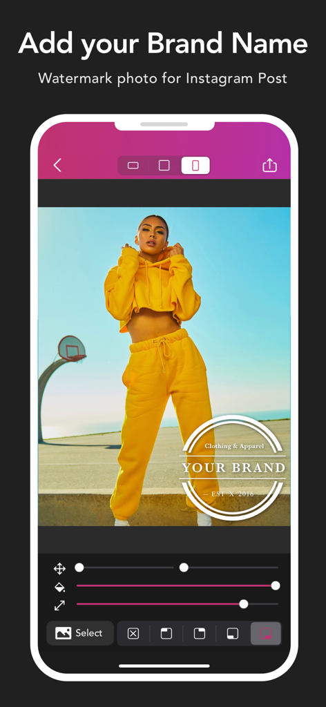 Griddy Pro: Split Pic in Grids - Interface of the Griddy Pro app showing how to add a brand name watermark to a fashion photo for Instagram.