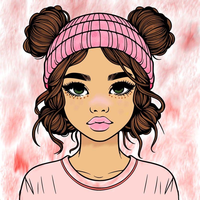 realistic girl with buns in her hair with a beanie on