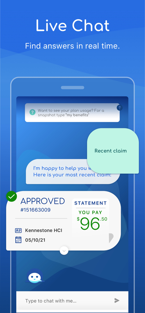 Sydney Health - Sydney Health mobile app live chat interface showing a recent health claim approval and real time support messages