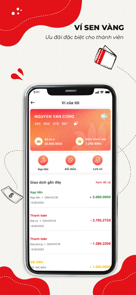 Sen Vàng Group - Exibição de smartphone mostrando a interface da carteira do aplicativo Sen Vang Group com saldo da conta e histórico de transações