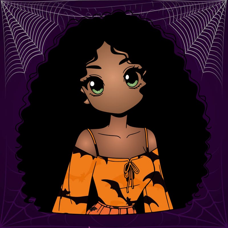 a black anime girl with long afro hair