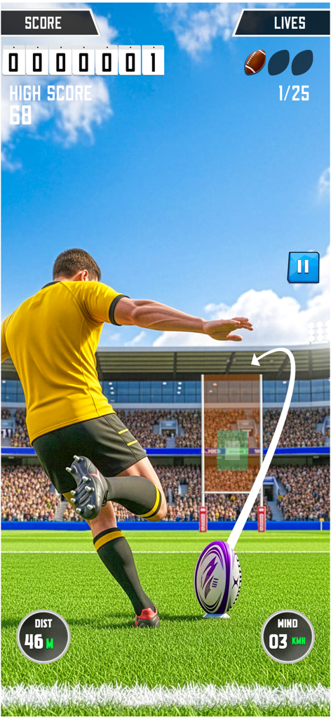 A rugby player kicking a ball through goalposts in a 3D sports game