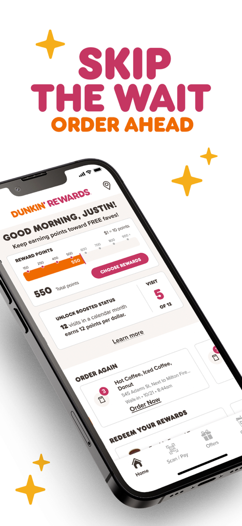 Dunkin' - Dunkin app showing rewards points and order ahead feature
