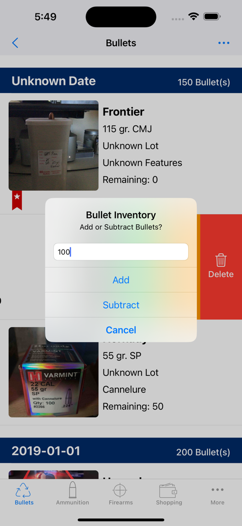 ReLOADeD (Ammo) - Bullet inventory tracking screen in ReLOADeD app showing a popup to add or subtract bullet quantities