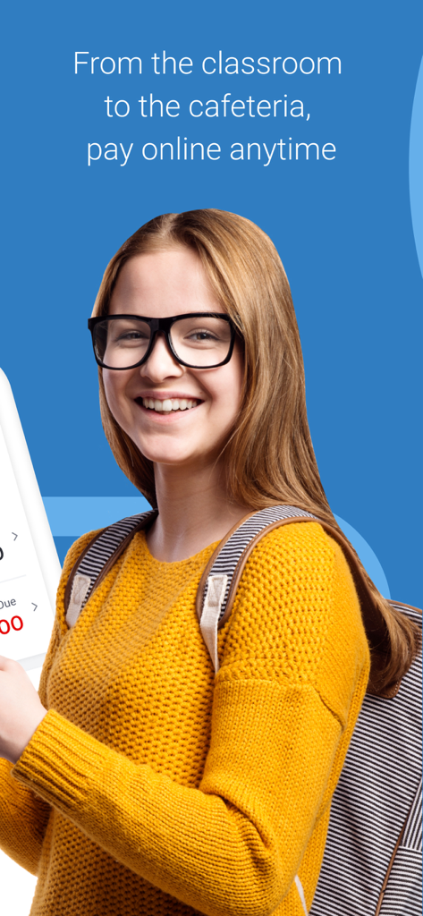 Uno studente sorridente con uno zaino accanto al testo che promuove i pagamenti scolastici online con l'app MySchoolBucks