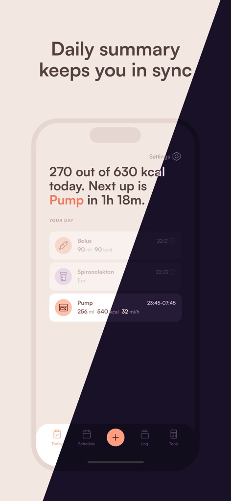 Tubie - Tube Feeding - Tubie app dashboard showing a daily summary of calories consumed and a scheduled feeding plan