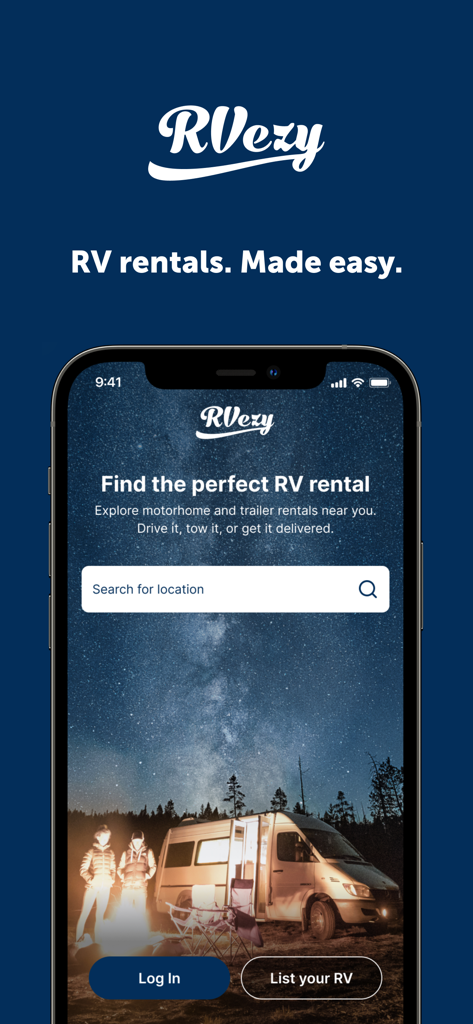 RVezy - RV & Trailer Rental - RVezy mobile app homepage showing the search for RV rentals with a campfire and camper background