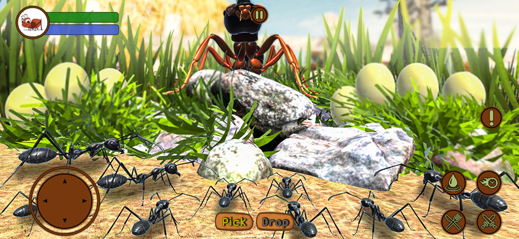 Ant Insect Life Survival War - Eine Gruppe schwarzer Ameisen bewacht weiße Eier in einer grasbewachsenen Umgebung im Ant Survival 3D-Handyspiel