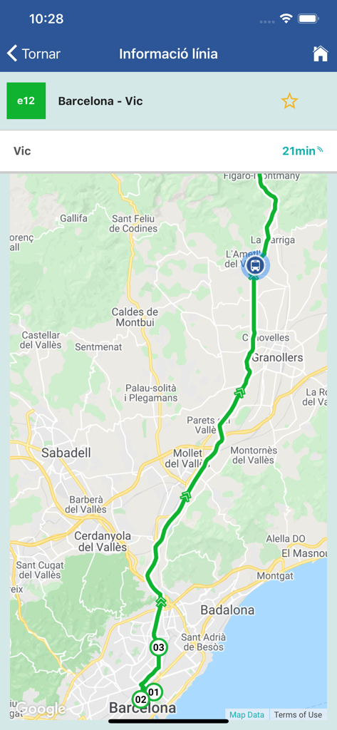 L'application Sagalés affiche un itinéraire de bus en temps réel de Barcelone à Vic