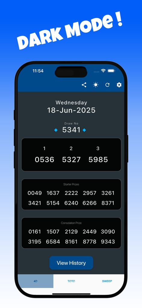 Singapore 4D Toto Results app interface in dark mode showing lottery winning numbers