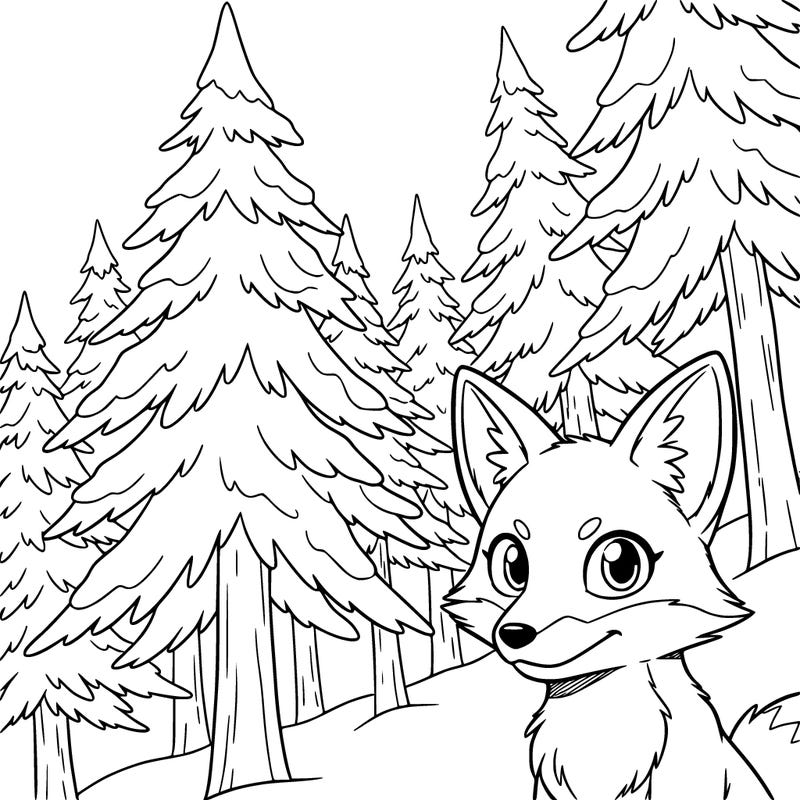snowy forest with pine trees and a simple fox in the  corner