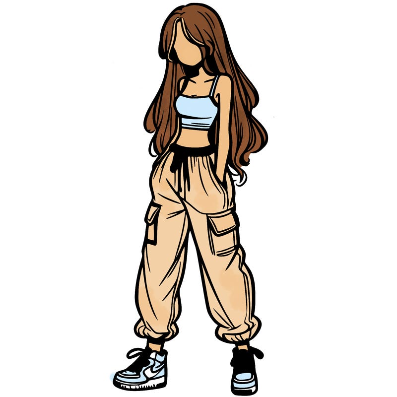 girl in baggy pants crop top and long hair