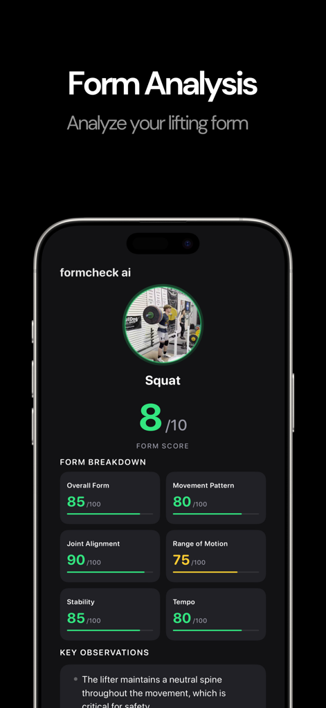 FormCheck AI app interface displaying a detailed squat form breakdown and safety feedback