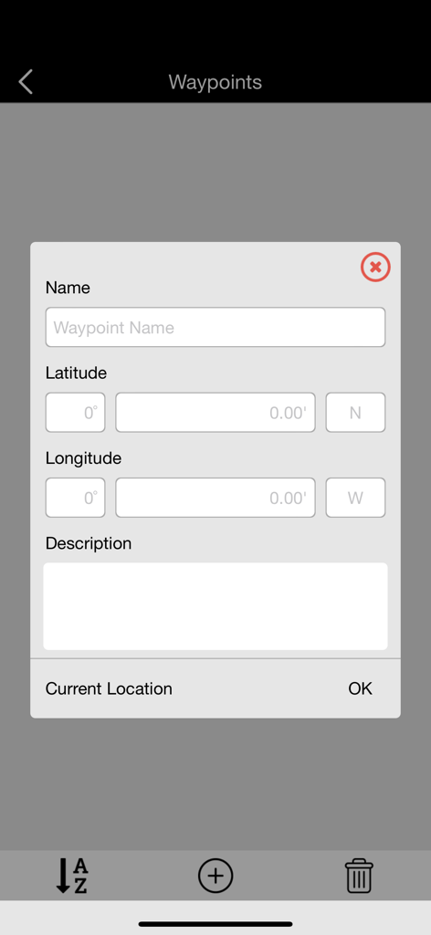 Schermata dell'app di navigazione marina per inserire il nome del waypoint, le coordinate di latitudine e longitudine