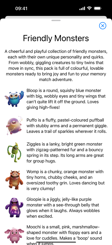Memory Matcha - A description screen in the Memory Matcha app detailing various character personalities from the Friendly Monsters card pack.