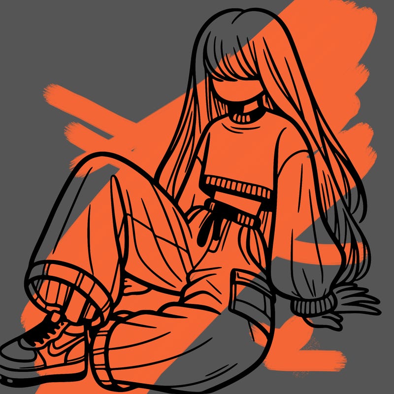 a girl with baggy pants and a crop top with long hair