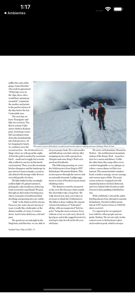 Swedish Press - Magazine article page from the Swedish Press app featuring hikers on a glacier at Kebnekaise mountain in Sweden