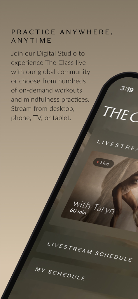 The Class by Taryn Toomey - The Class by Taryn Toomey app interface showing live and on demand workout options