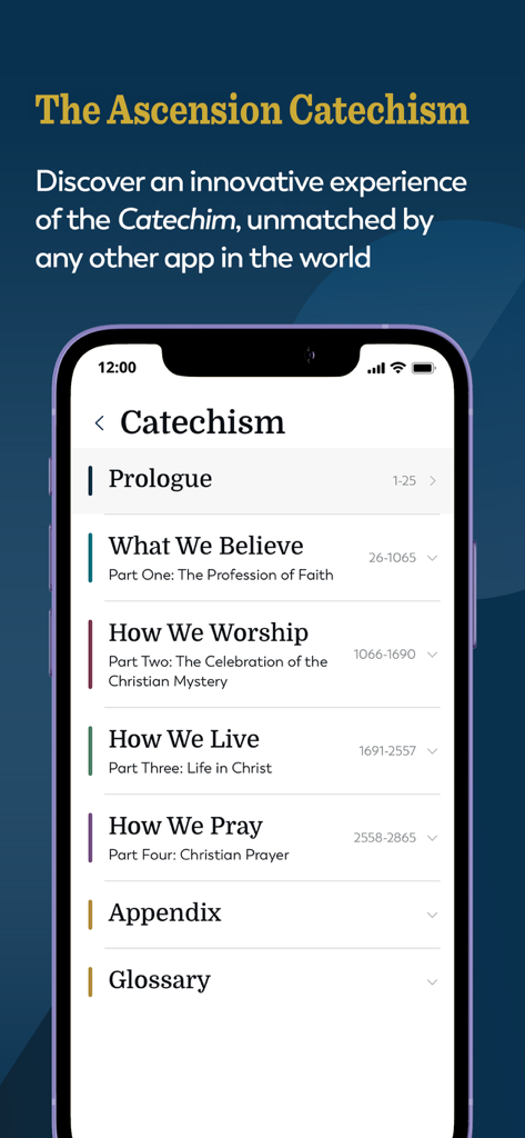 Mobile screen showing the Ascension Catholic Catechism with sections like What We Believe and How We Worship