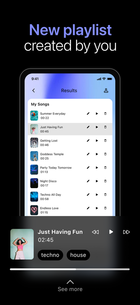 AI Music · Song & Cover Maker - Interfaz de usuario que muestra una lista de reproducción de canciones generadas por IA y un reproductor de música activo.