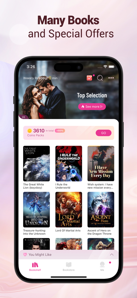 Oberfläche des Mobilis-App-Bücherregals mit trendigen fiktiven Buchcovern und Sonderangeboten für Leser.