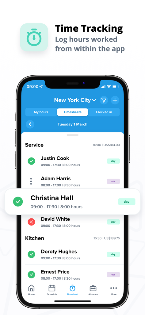 Interface da aplicação móvel Shiftbase mostrando folhas de tempo de funcionários e horas de trabalho registadas para diferentes departamentos
