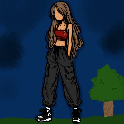 girl in baggy pants crop top and long hair