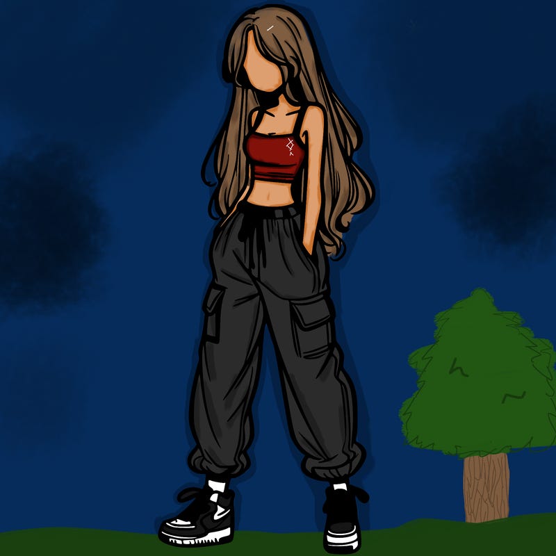 girl in baggy pants crop top and long hair