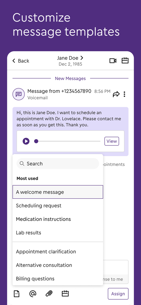 Klara app interface showing a list of customizable message templates for healthcare provider communication.