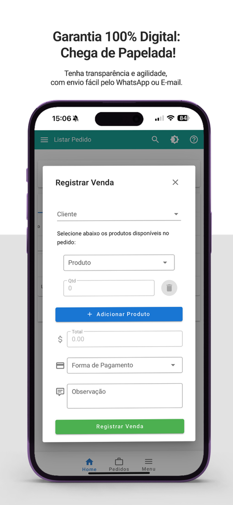 Jueri - Mobile interface of the Jueri app showing a digital sale registration form with product and client fields