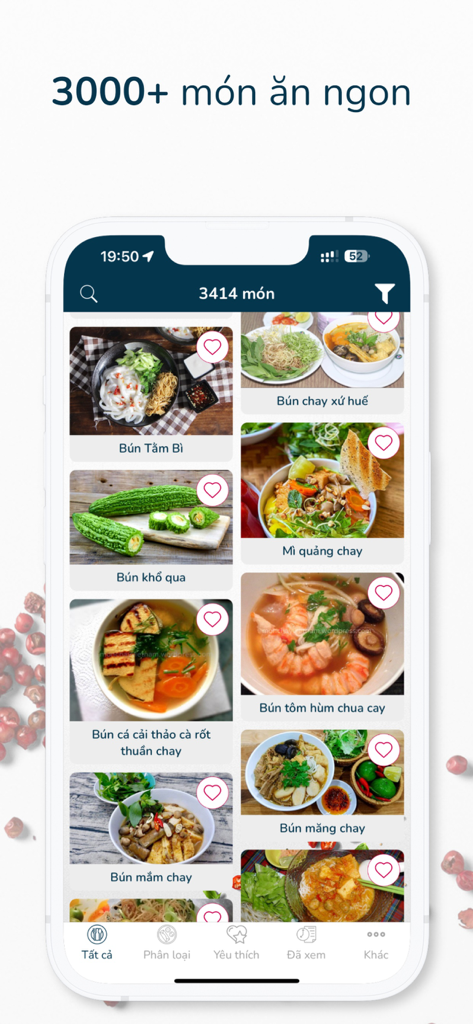 Món ăn ngon mỗi ngày - Mobile app interface displaying a grid of traditional Vietnamese food recipes with high-quality photos.