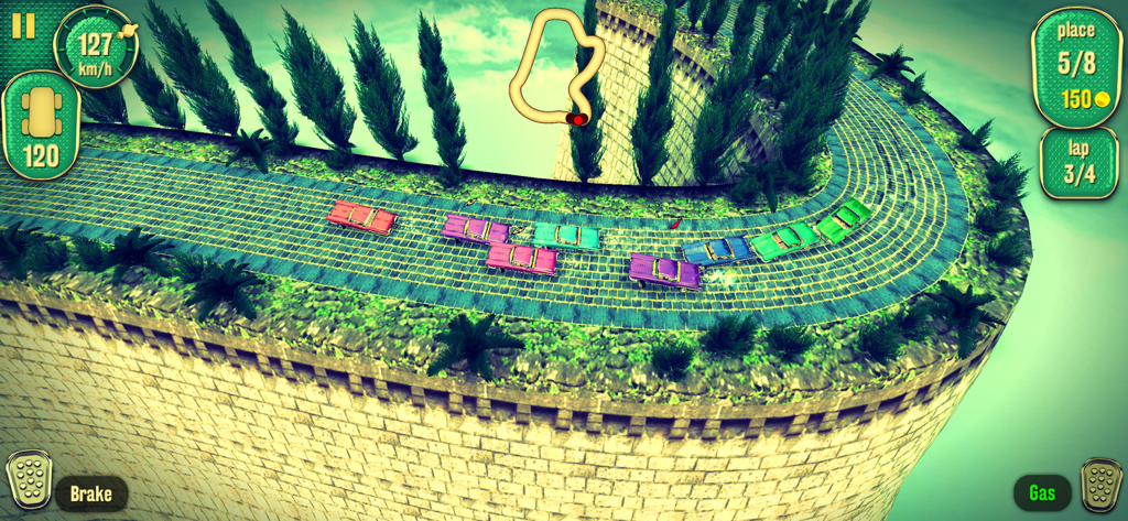 Colorful vintage cars racing on a narrow stone track along a high cliff in Vertigo Racing