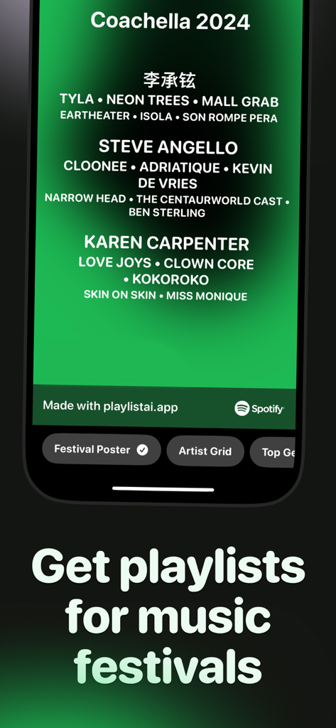 AI Playlist Maker: PlaylistAI - A mobile app interface showing a Coachella 2024 festival poster used to generate a music playlist